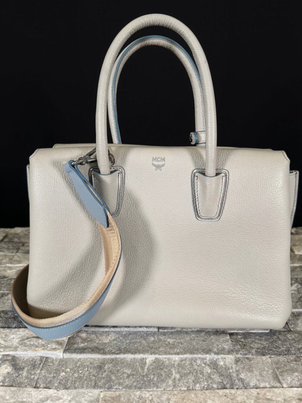 Mcm Blue Leather Medium Milla Tote